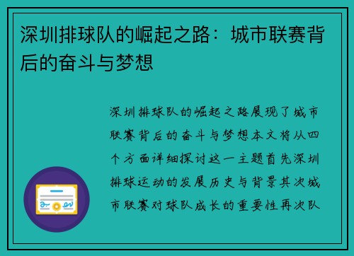 深圳排球队的崛起之路：城市联赛背后的奋斗与梦想
